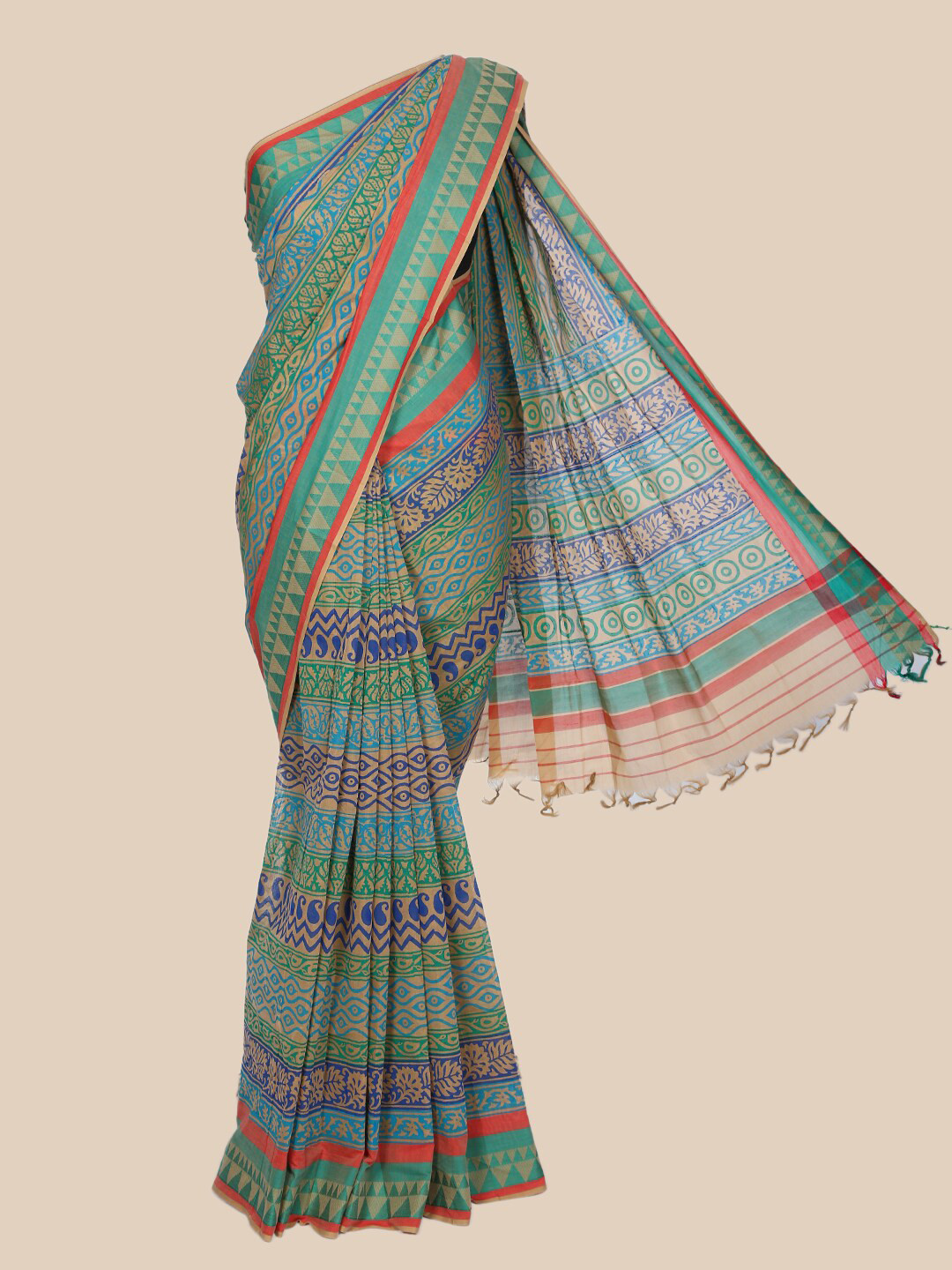 

The Chennai Silks Green & Red Ethnic Motifs Pure Cotton Saree
