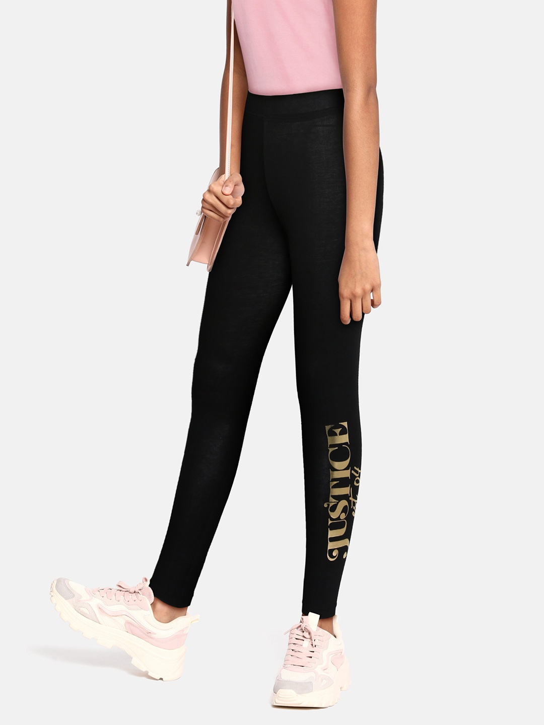 

JUSTICE Girls Black Solid Ankle Length Leggings with Placement Print