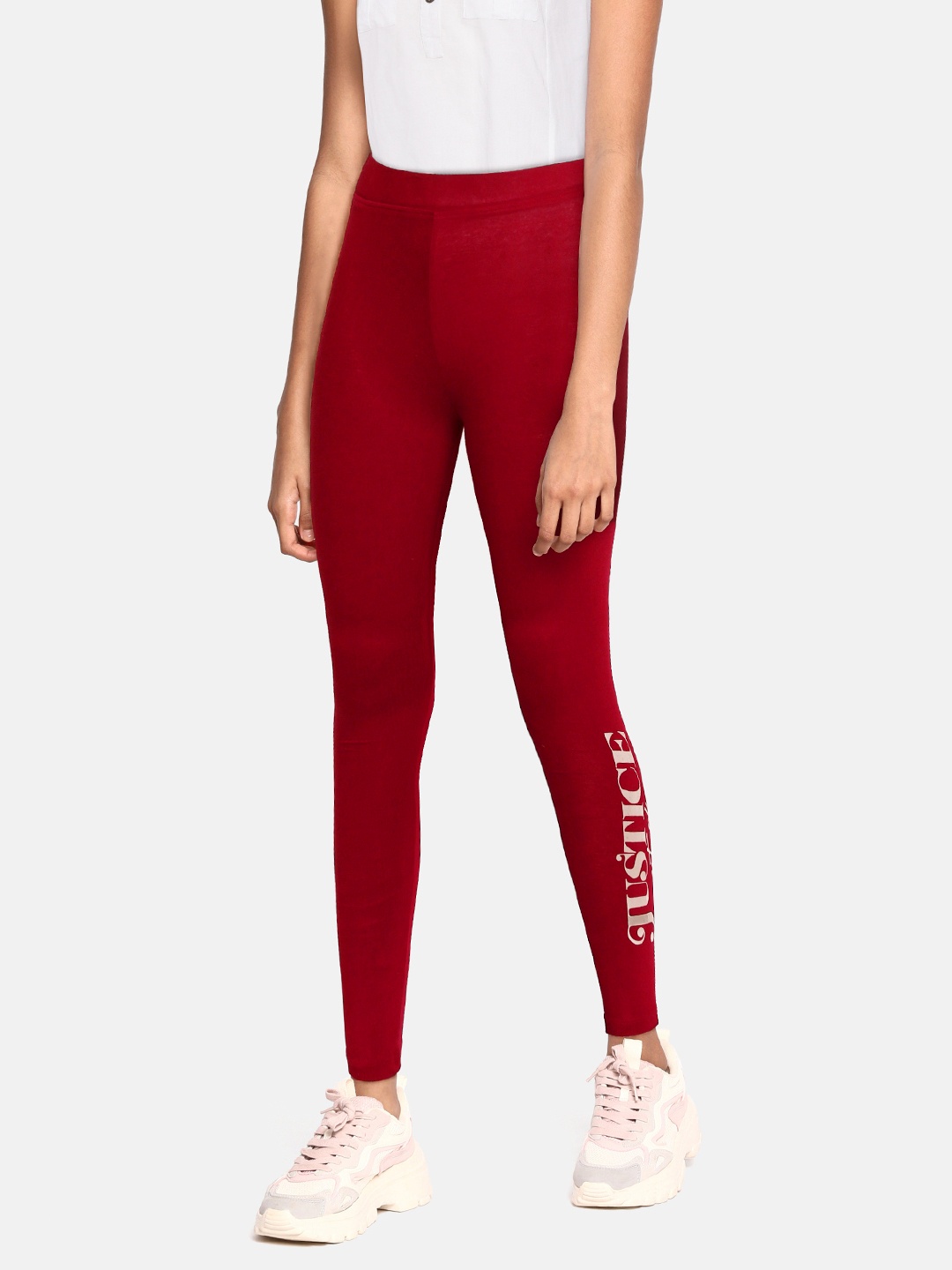 

JUSTICE Girls Maroon Solid Ankle Length Leggings with Placement Print