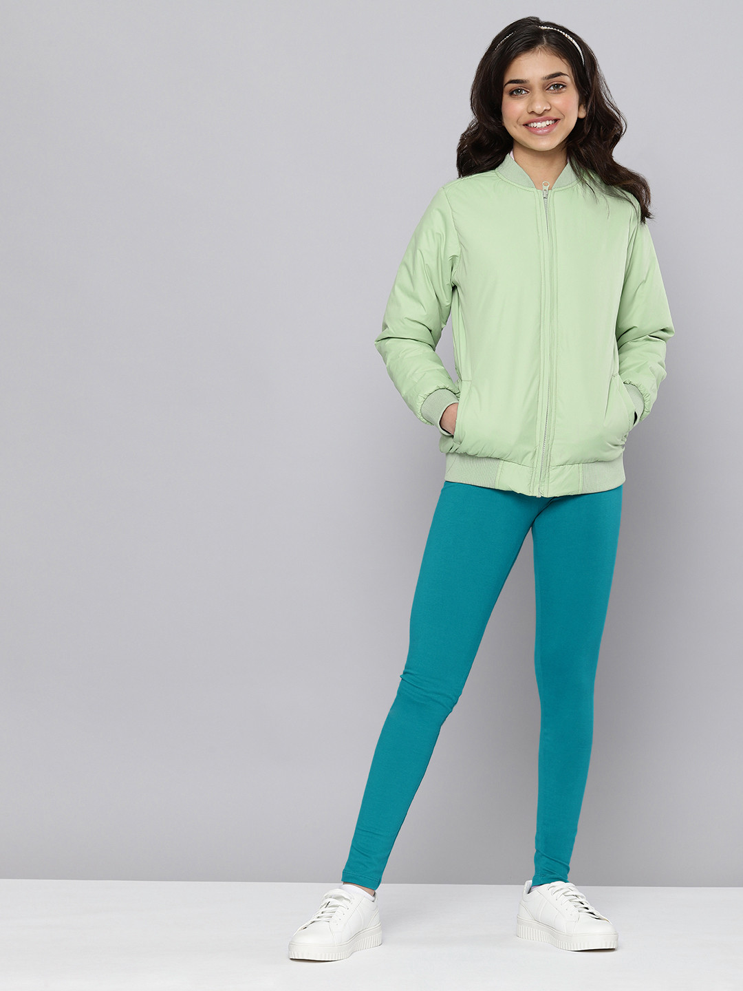 

JUSTICE Girls Teal Green Solid Ankle-Length Leggings