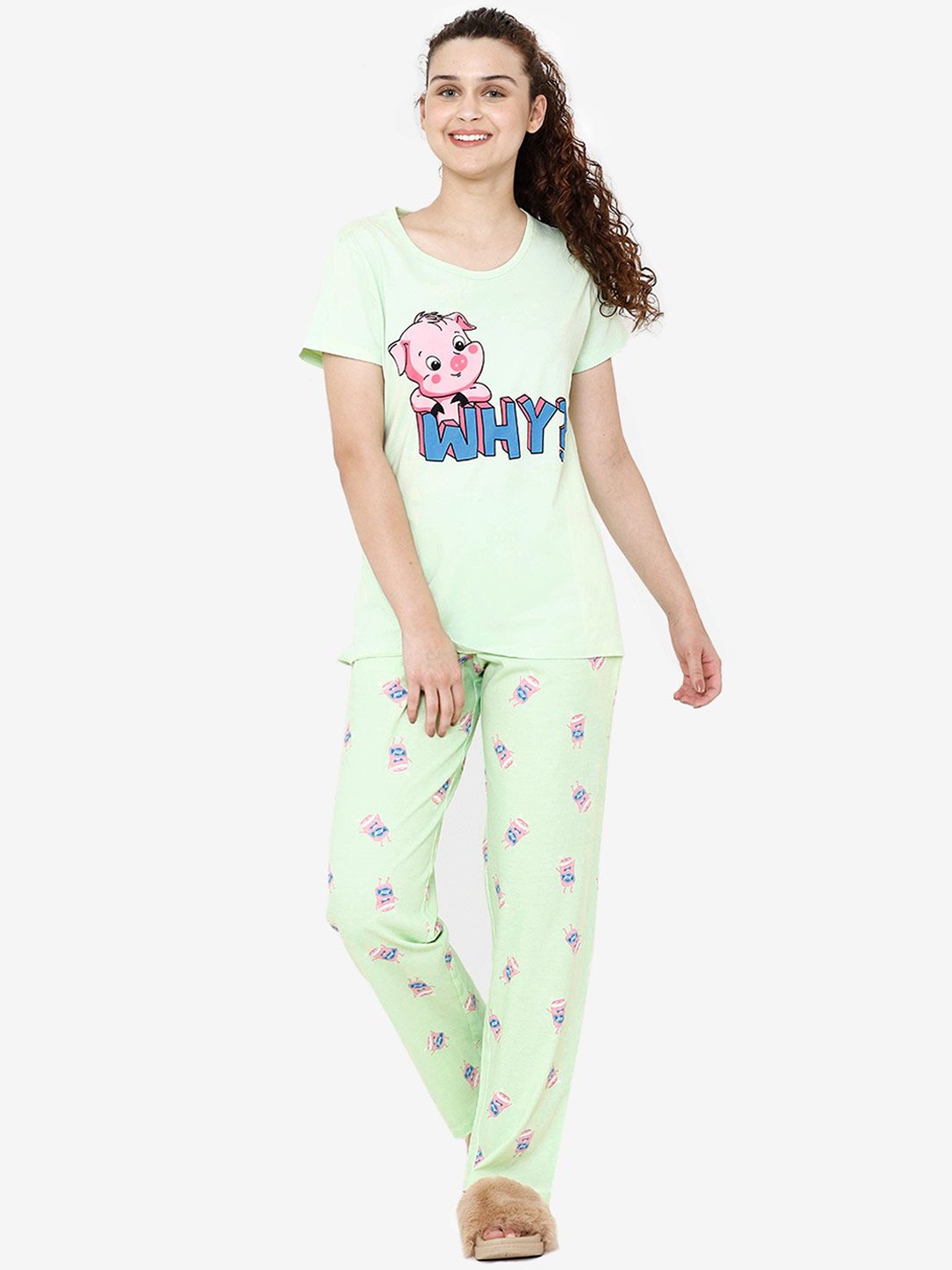 

shyaway Women Green & Pink Printed Night suit