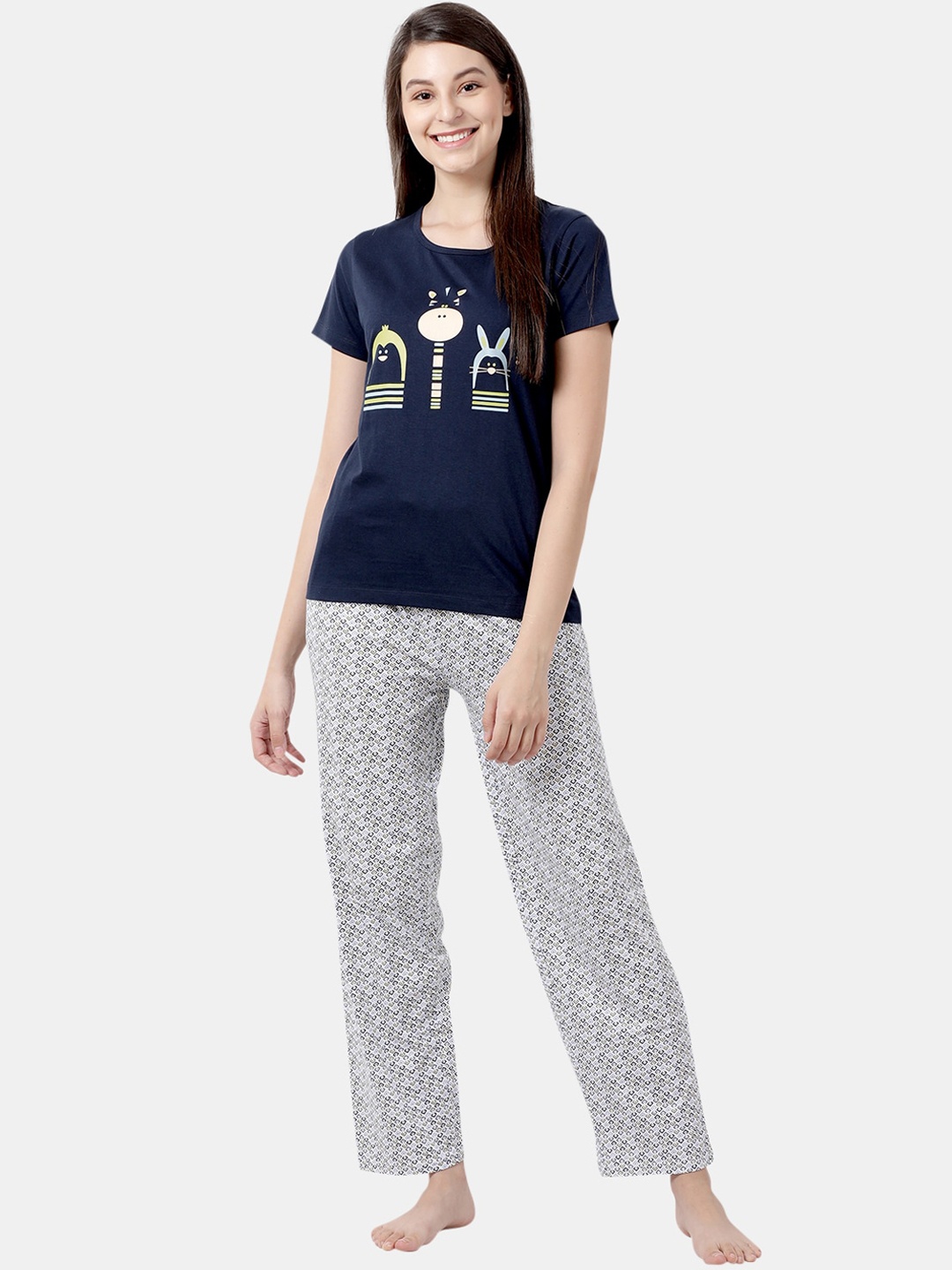 

shyaway Women Navy Blue & Grey Printed Night suit