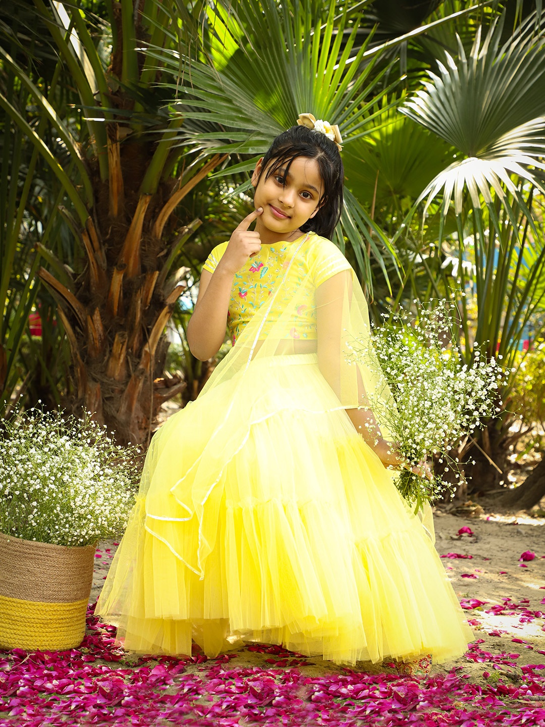 

LIL DRAMA Girls Yellow & Blue Embroidered Ready to Wear Lehenga & Blouse With Dupatta