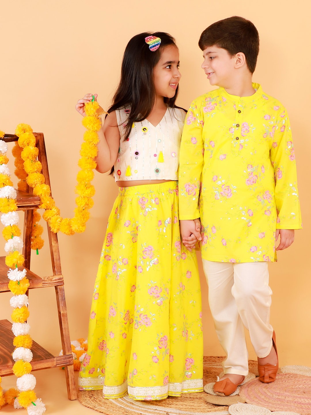 

LIL DRAMA Girls Yellow & White Embellished Mirror Work Ready to Wear Lehenga Choli