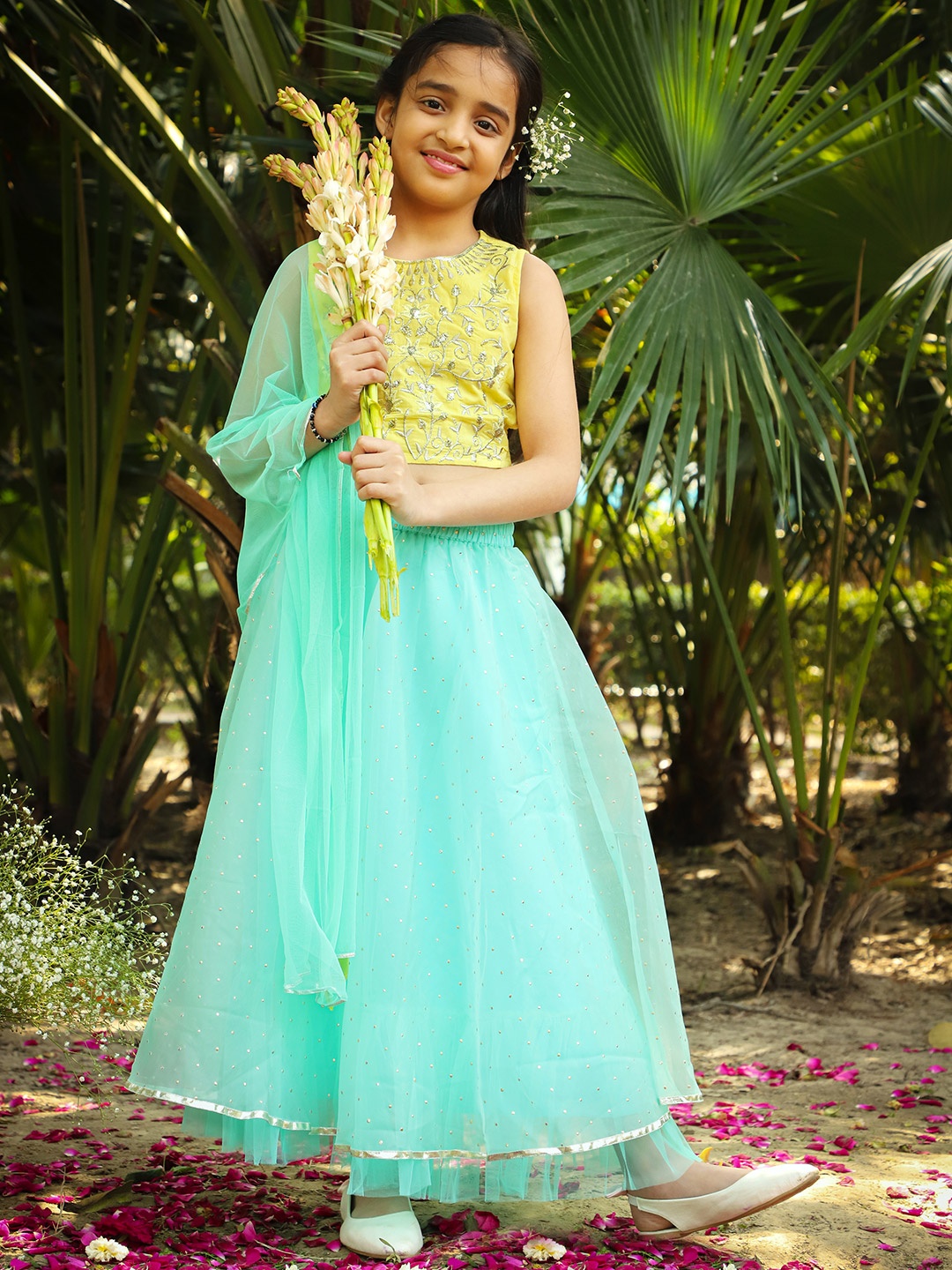 

LIL DRAMA Girls Yellow & Turquoise Blue Embellished Mukaish Ready to Wear Lehenga & Blouse With Dupatta
