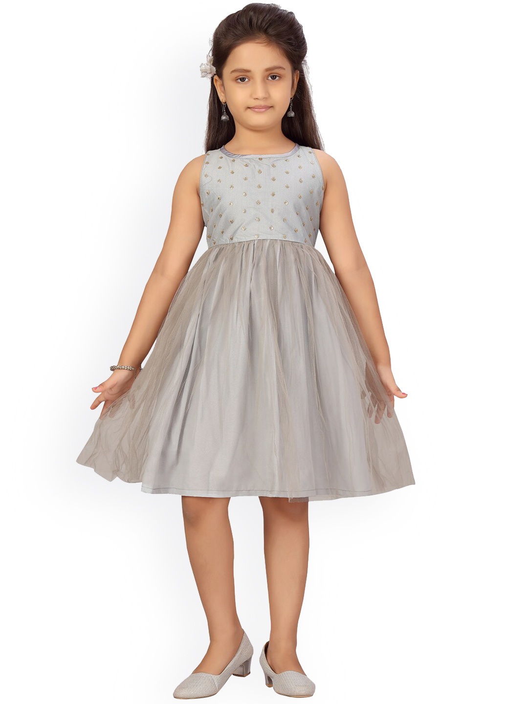 

Aarika Girls Grey & Gold Embellished Fit & Flare Net Dress
