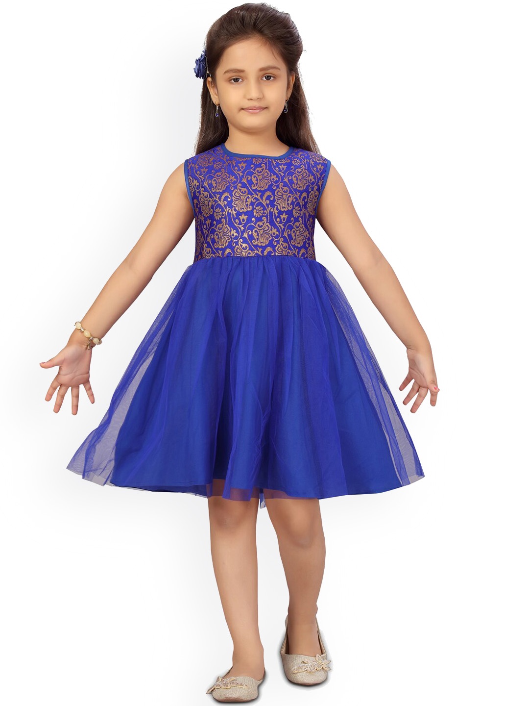 

Aarika Navy Blue & Gold-Toned Embellished Layered Georgette Dress