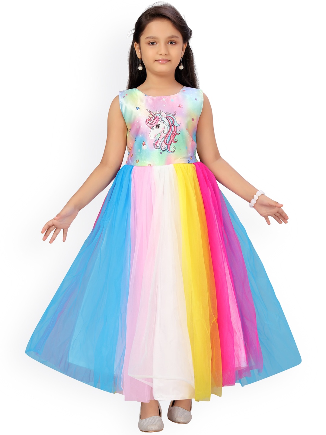 

Aarika Girls Multicoloured Unicorn Printed Maxi Fit & Flare Dress, Multi