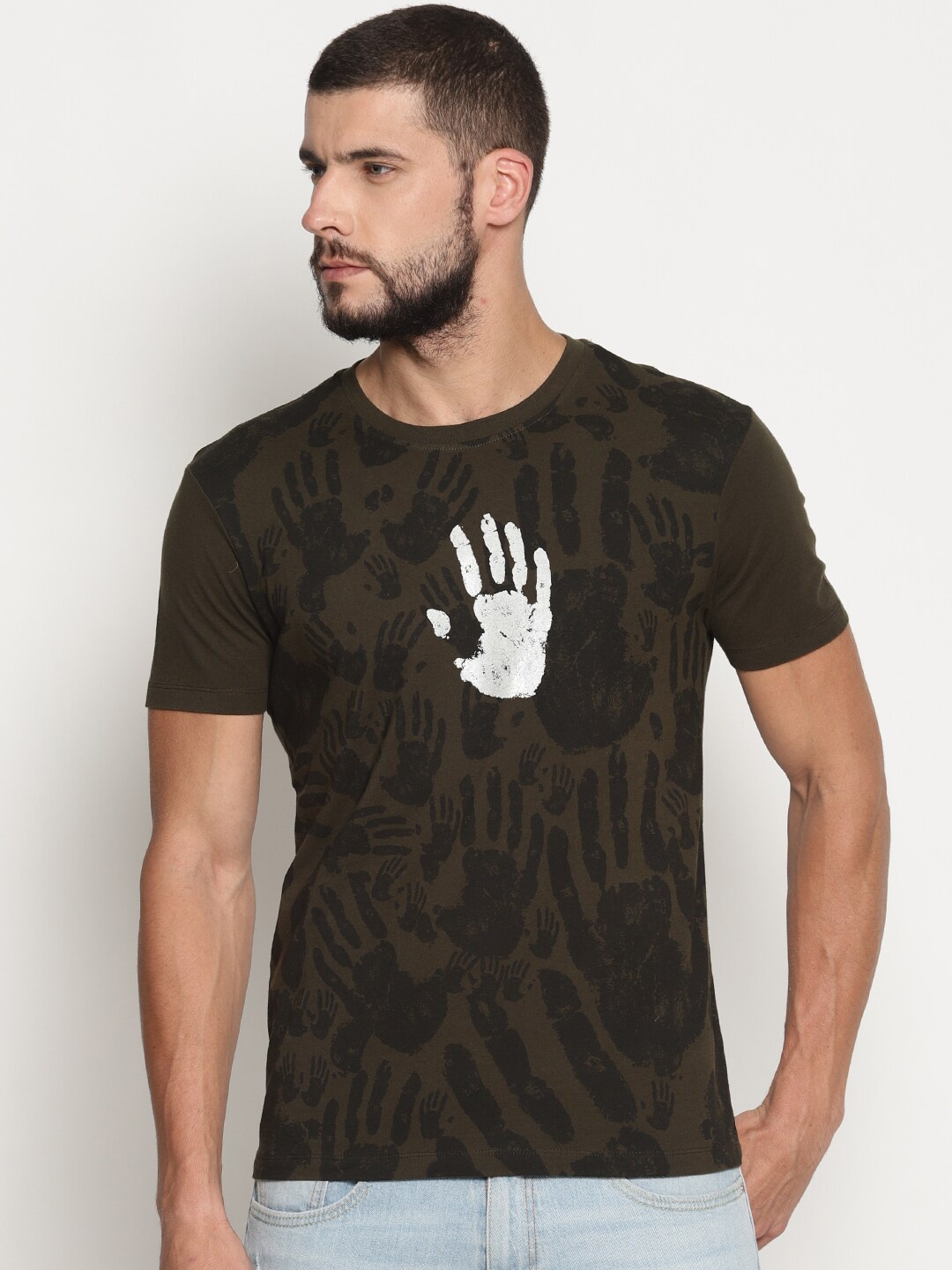Wolfpack Men Olive Green Printed Cotton T-shirt