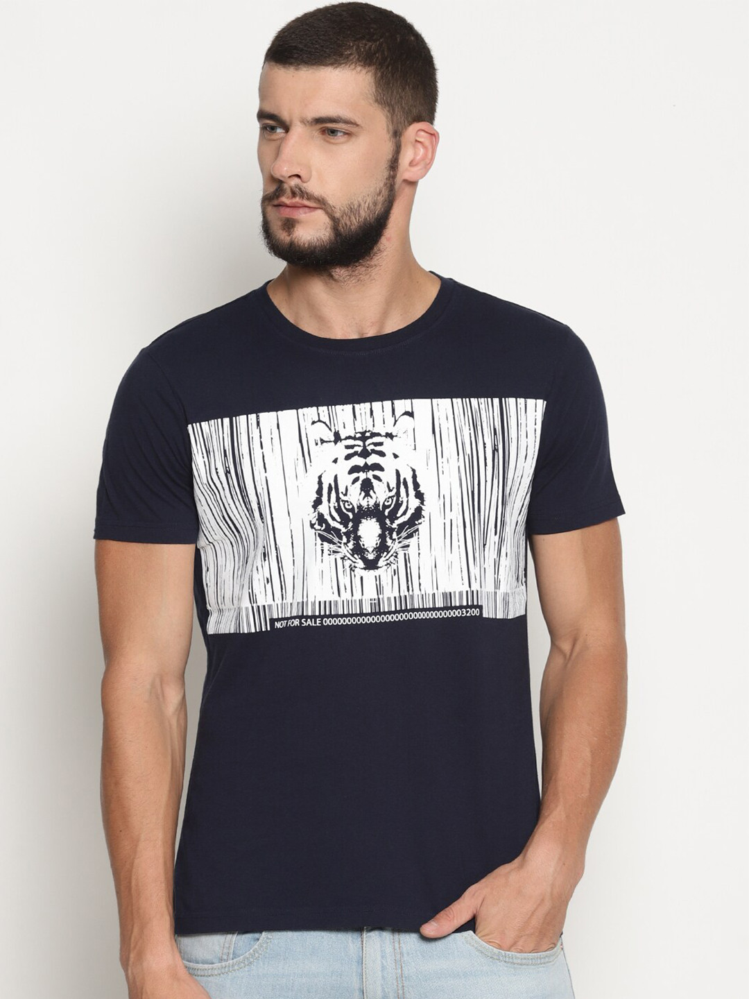 

Wolfpack Men Navy Blue Printed Cotton T-shirt