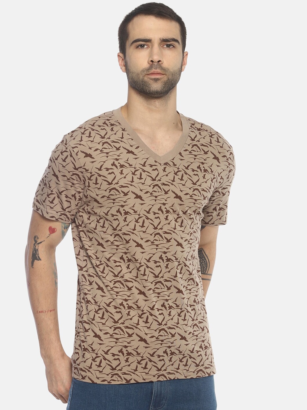 

Wolfpack Men Beige Printed V-Neck Cotton T-shirt