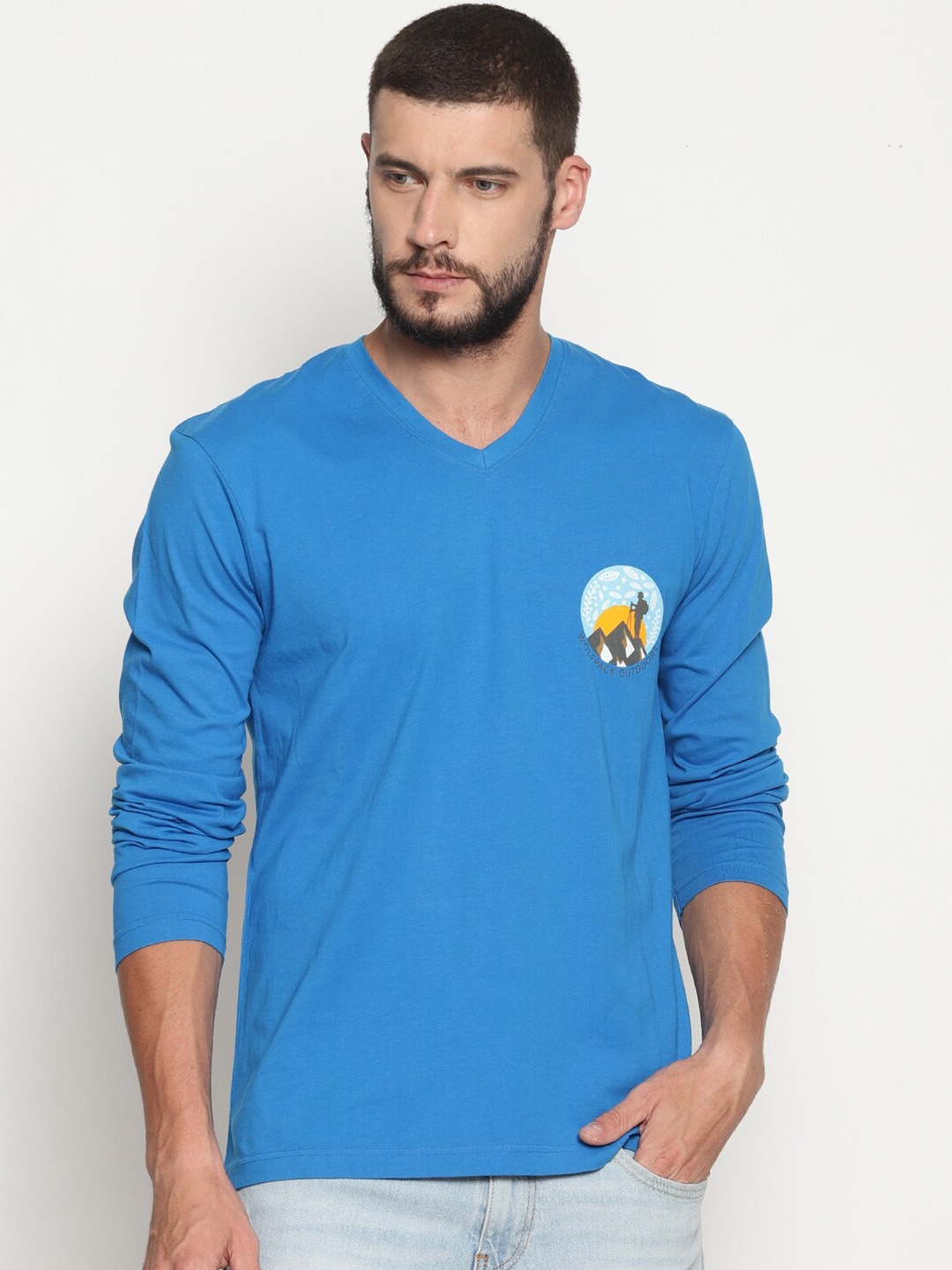 

Wolfpack Men Blue Printed V-Neck Cotton T-shirt