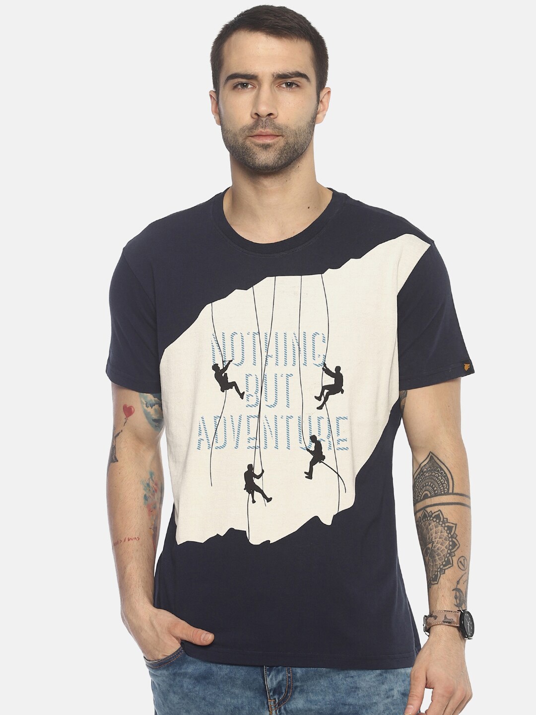 

Wolfpack Men Navy Blue Printed Cotton T-shirt
