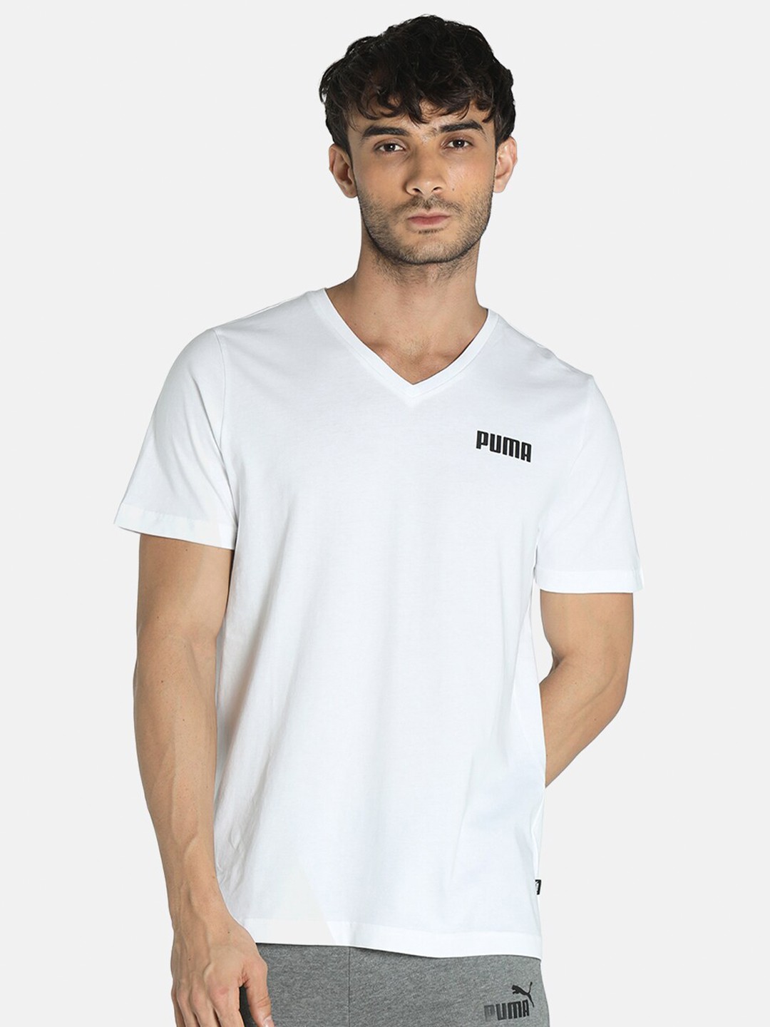 

Puma Men White Black Essentials V-Neck Regular Fit Pure Cotton T-shirt