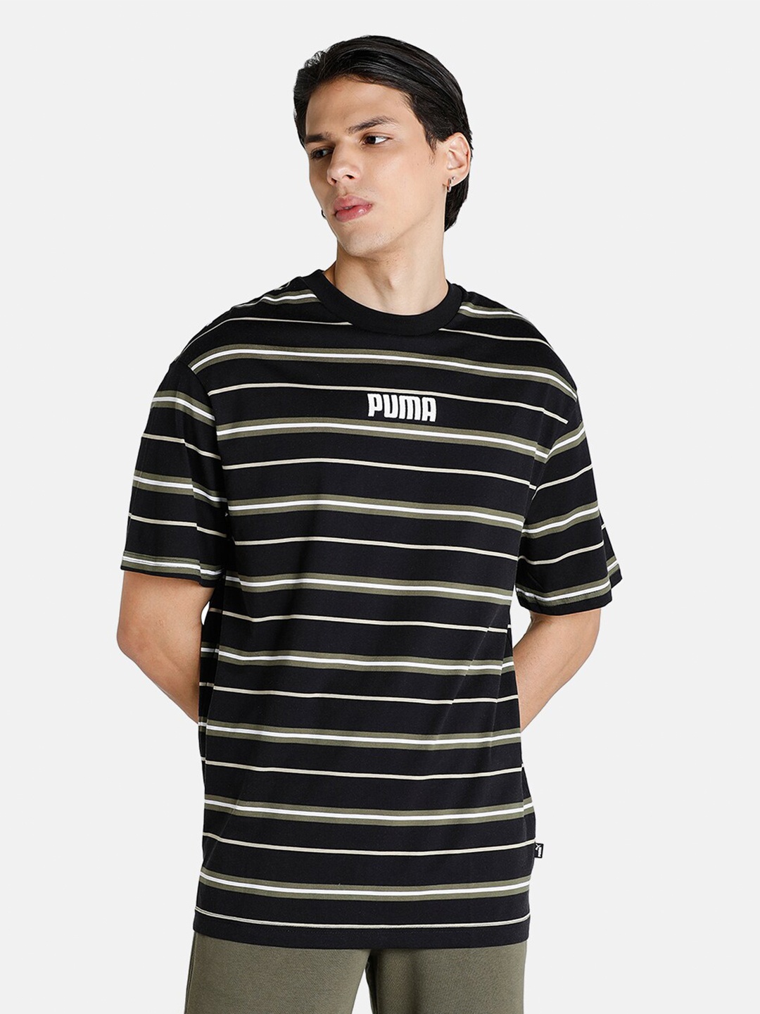 

Puma Men Black & White Striped Modern Basics Advanced Relaxed Fit Cotton T-shirt