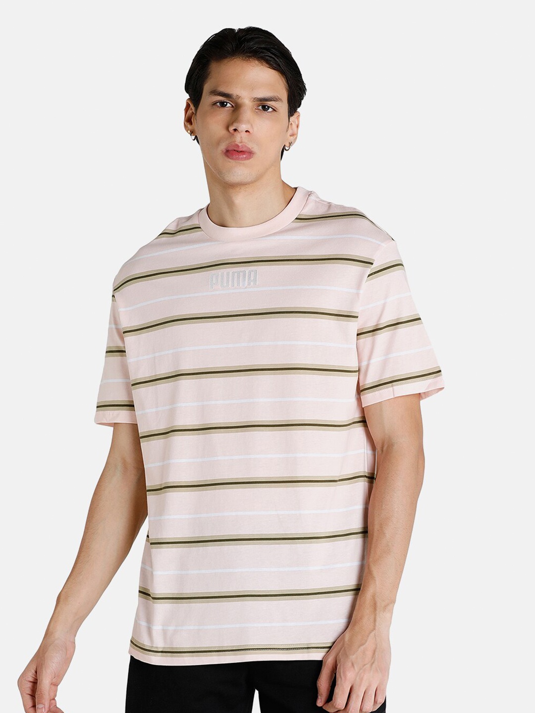 

Puma Men Pink & Yellow Striped Modern Basics Advanced T-shirt