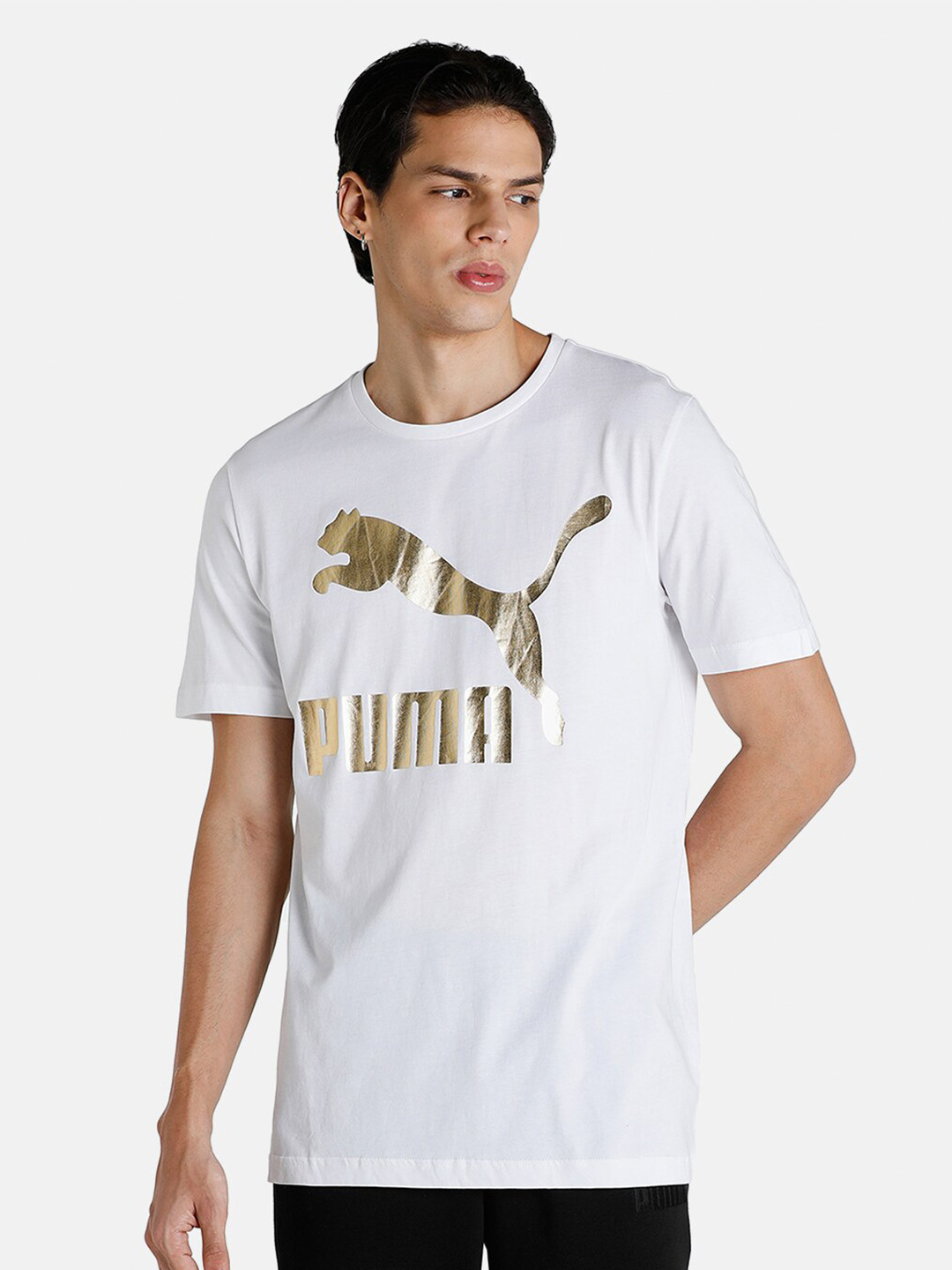 

Puma Men White & Gold Classics Logo Printed Crew Neck T-Shirt