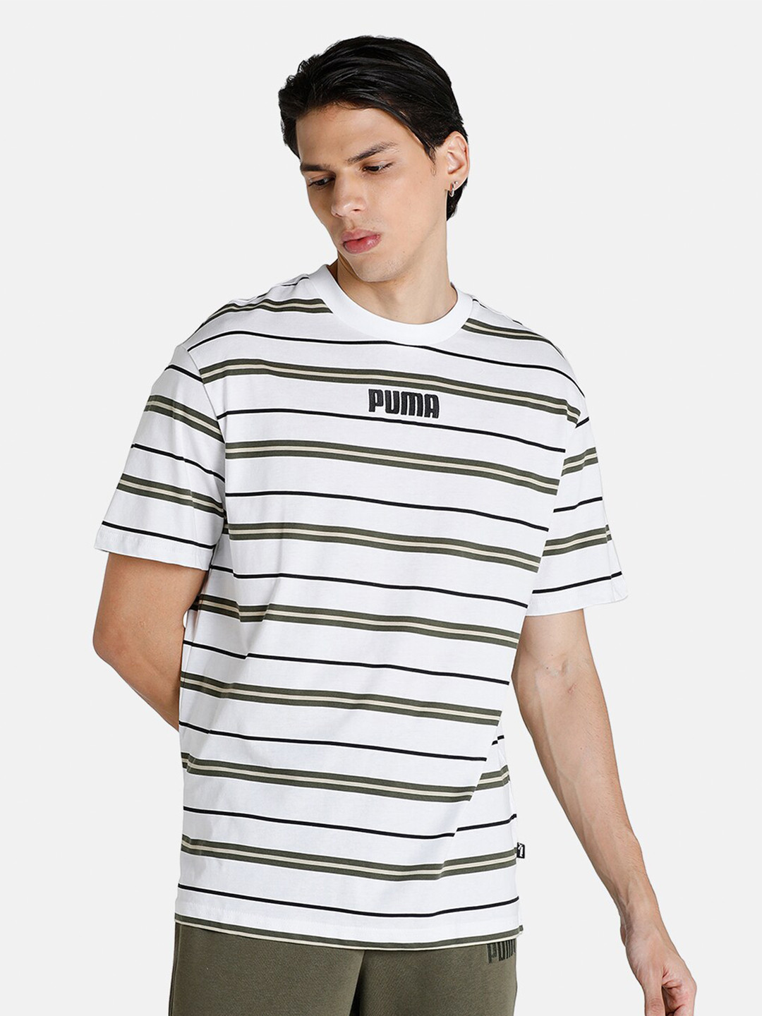 

Puma Men White & Black Striped Modern Basics Advanced Relaxed Fit Loose T-Shirt