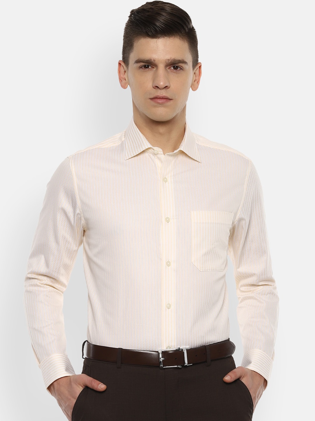 

Louis Philippe Men Beige Opaque Striped Pure Cotton Formal Shirt