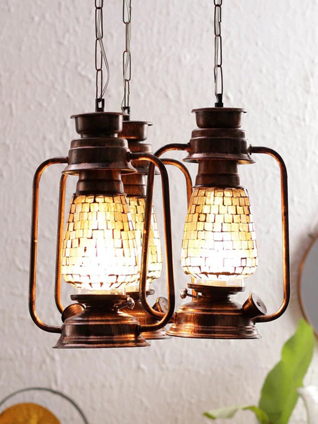 

Devansh Set of 3 Copper Antique Cluster Lantern Mosaic Glass Hanging Lamp