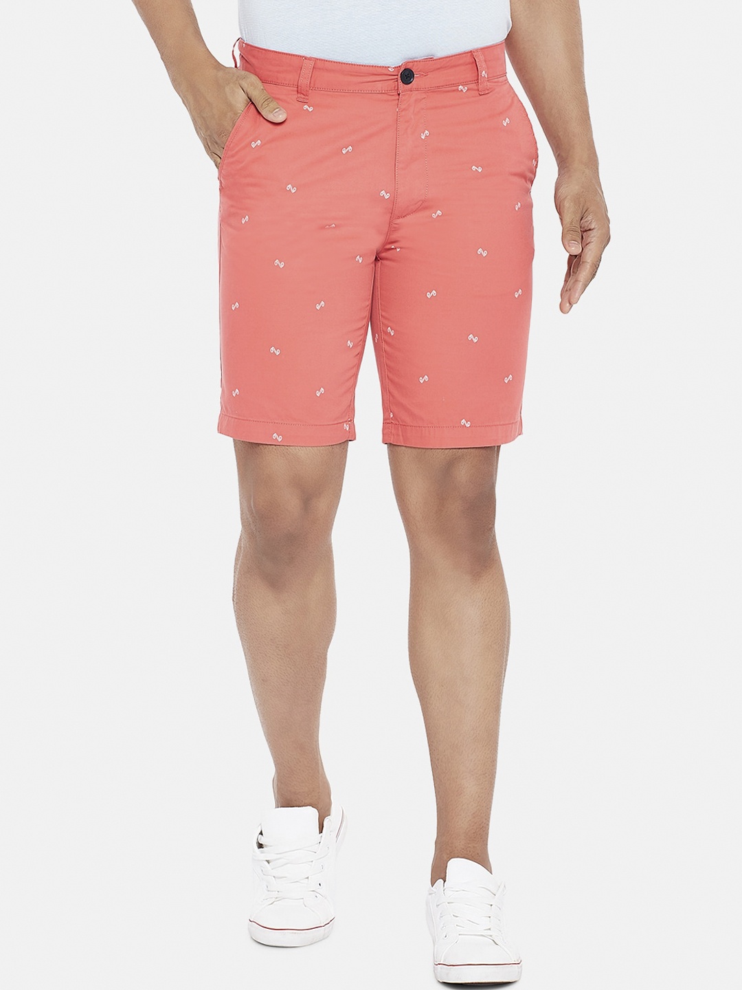 

BYFORD by Pantaloons Men Coral Pink Printed Slim Fit Cotton Low-Rise Regular Shorts