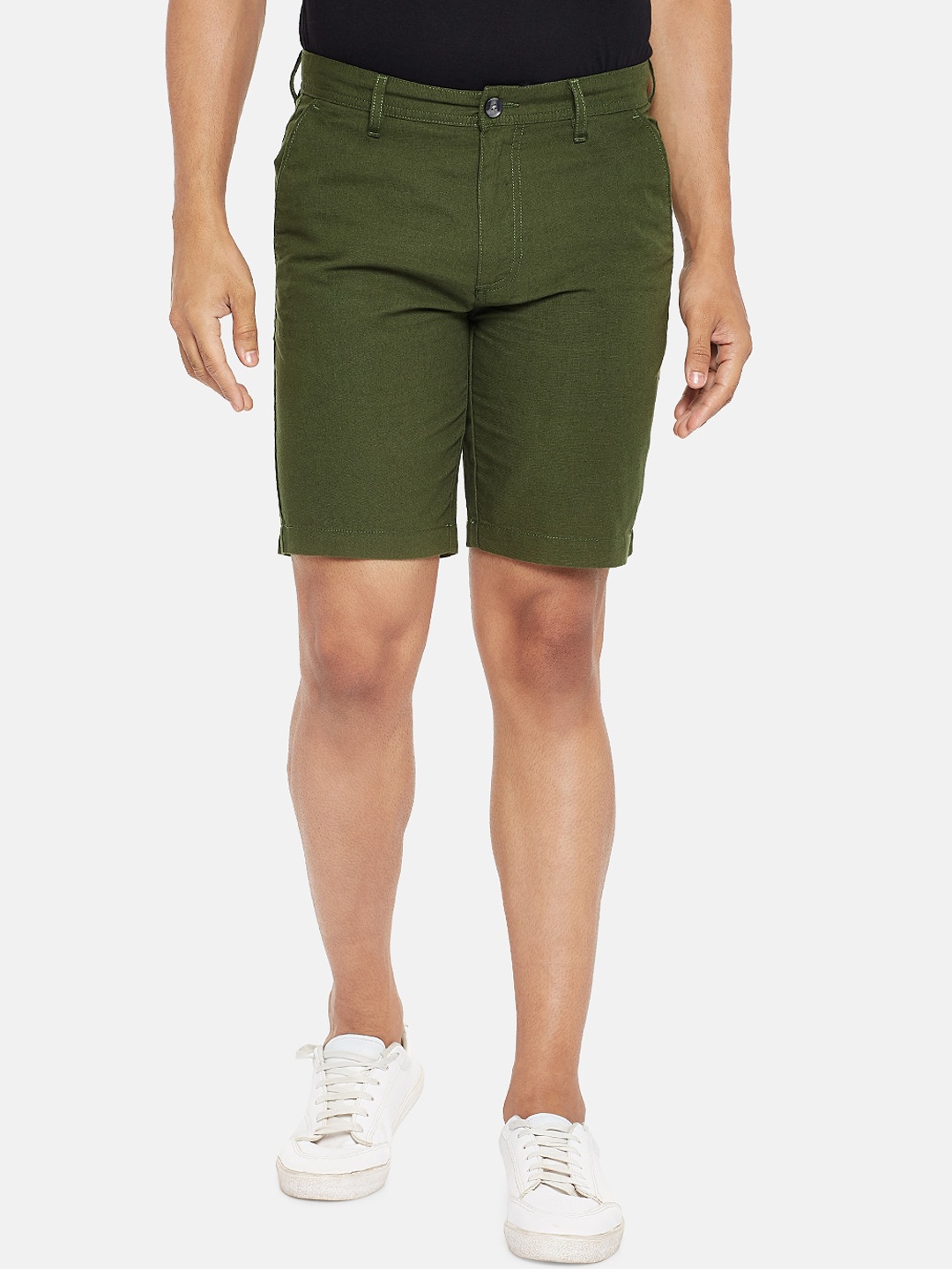 

BYFORD by Pantaloons Men Olive Green Cotton Slim Fit Low-Rise Regular Shorts