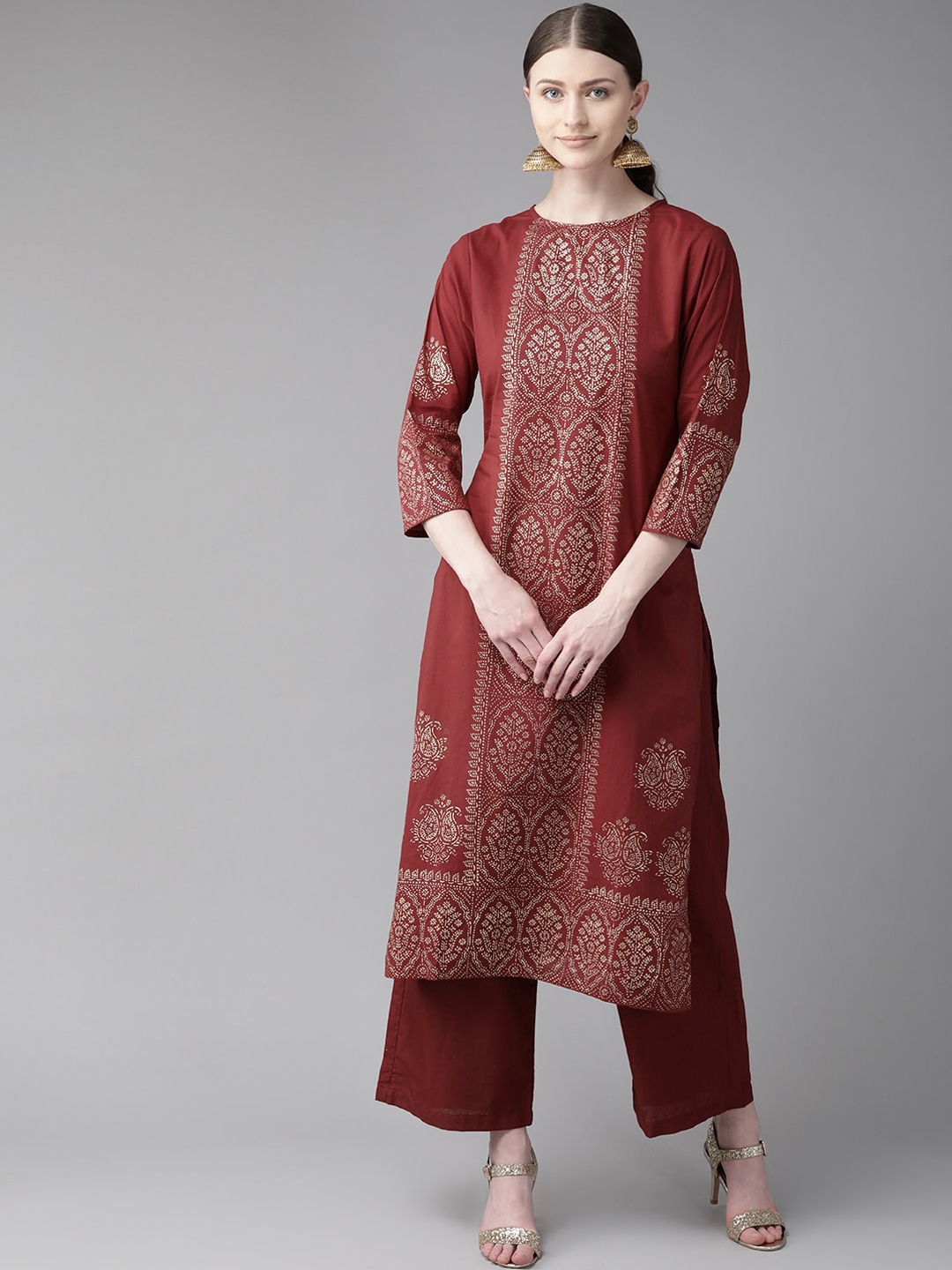 

Bhama Couture Women Maroon Ethnic Motifs Printed Straight Kurta with Palazzos