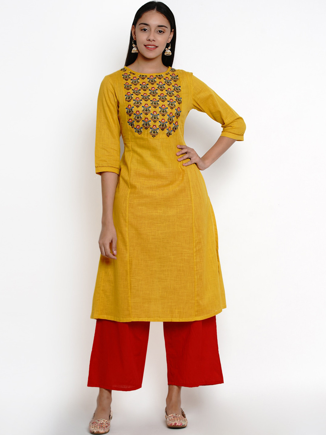 

Bhama Couture Women Mustard Yellow Floral Embroidered A-Line Kurta with Palazzos