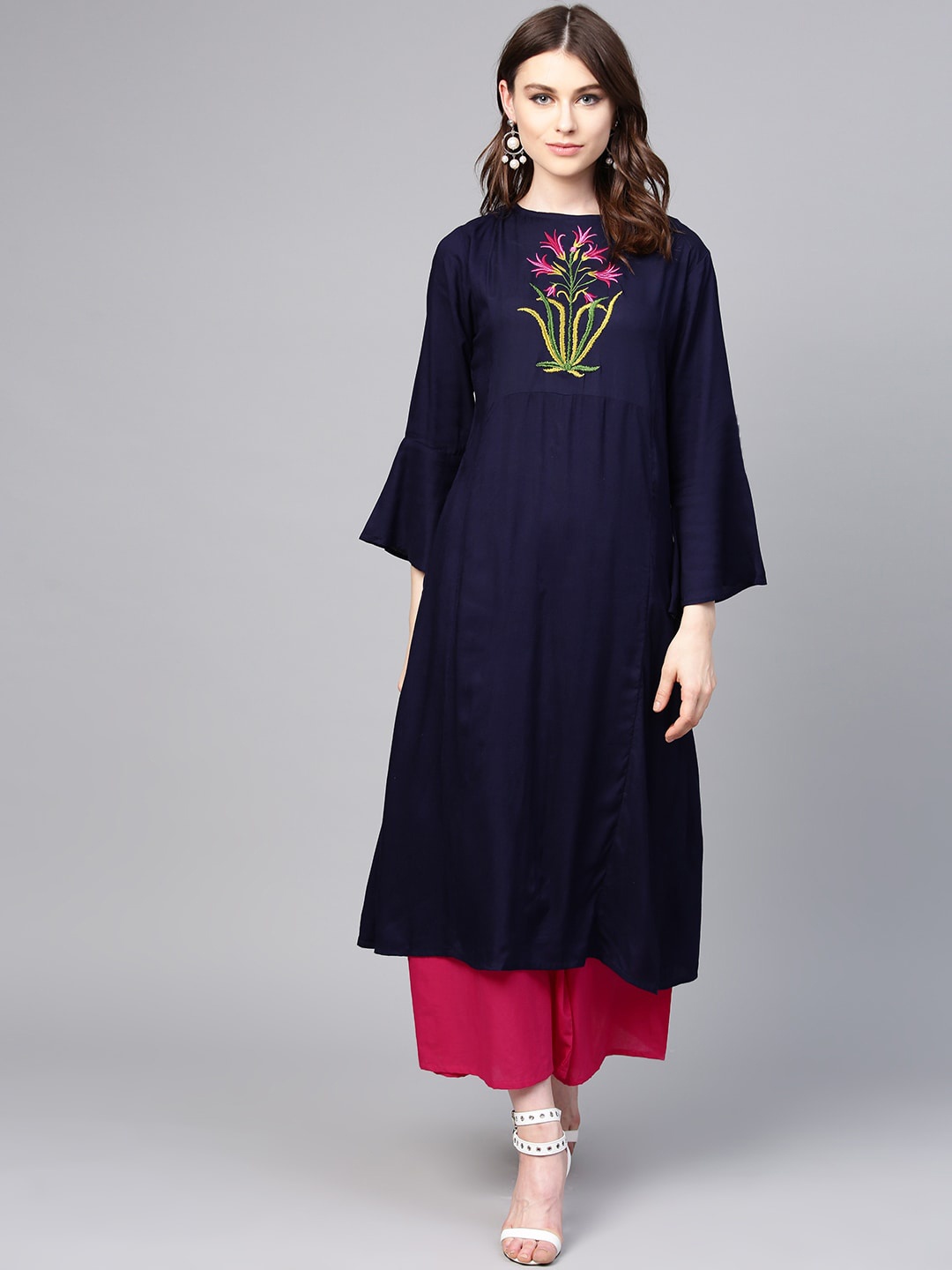 

Bhama Couture Women Navy Blue Floral Yoke Design Panelled Kurti with Palazzos