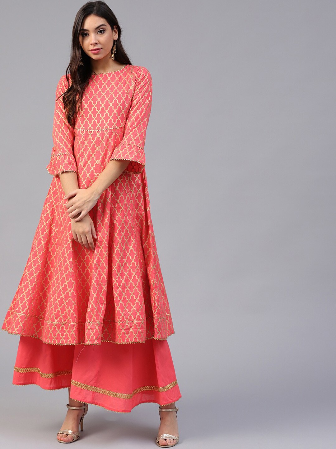 

Bhama Couture Peach-Coloured & Gold-Toned Ethnic Motif Printed A-Line Kurta with Palazzo