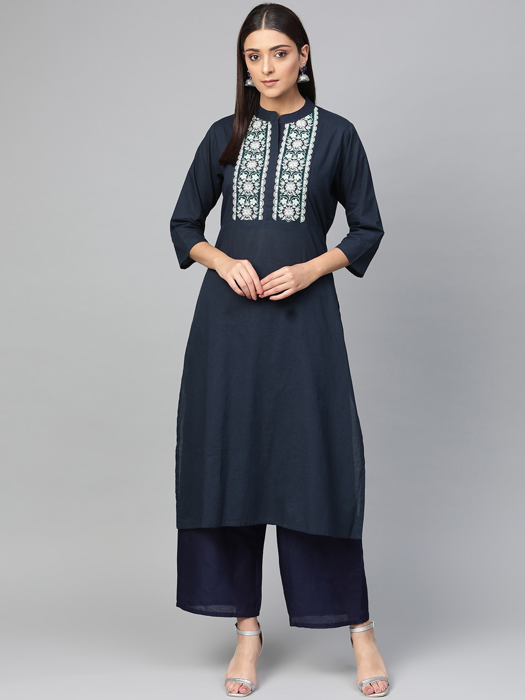 

Bhama Couture Women Blue Ethnic Motifs Yoke Design Panelled Kurti with Palazzos
