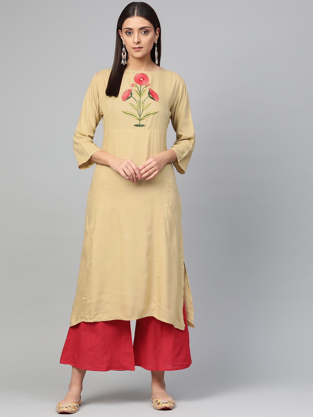 

Bhama Couture Women Beige Floral Yoke Design Kurta with Palazzos