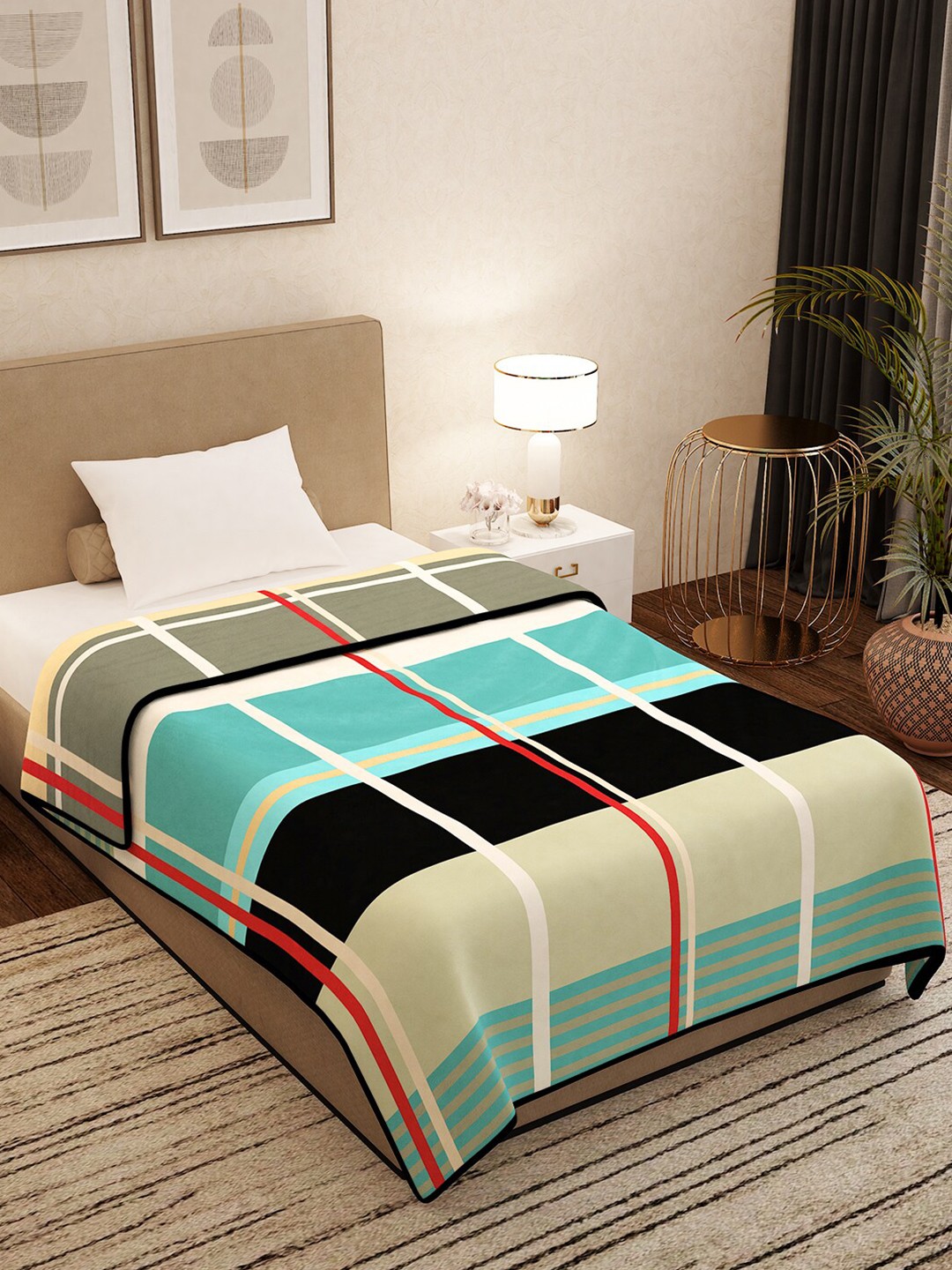

Story@home Turquoise Blue & White Geometric AC Room 400 GSM Single Bed Blanket