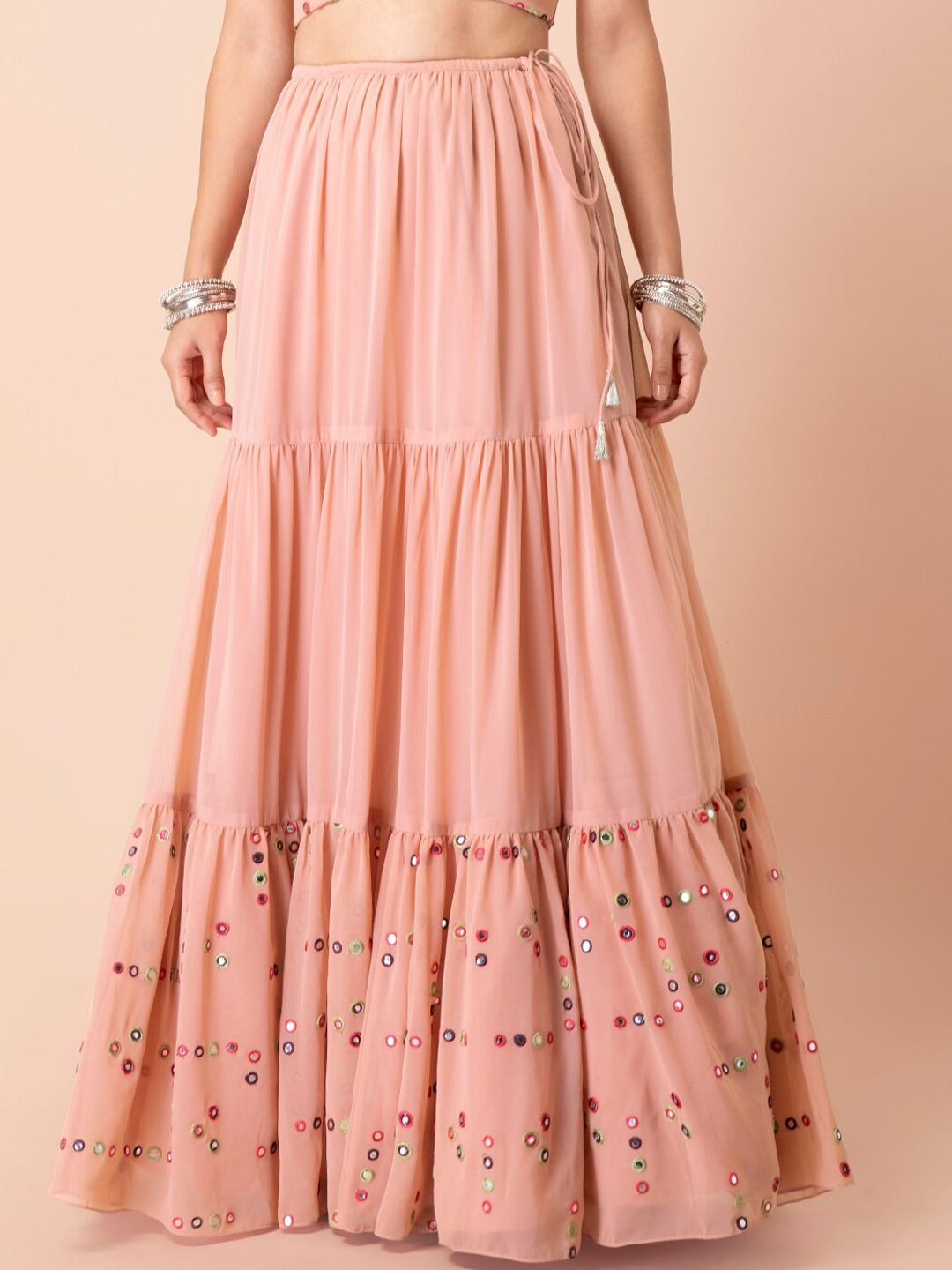 

INDYA Women Pink Solid Tiered Maxi Skirt
