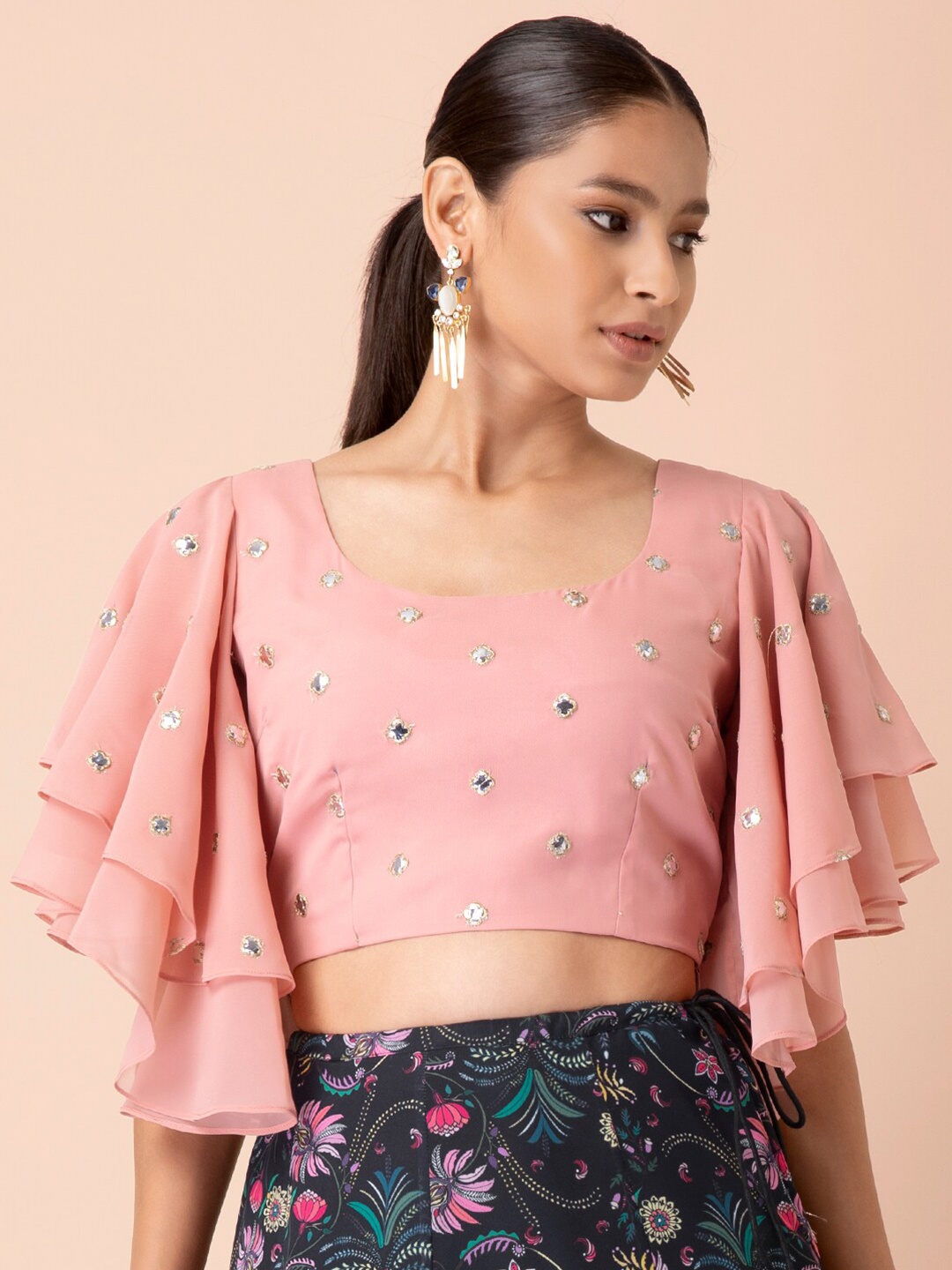 

Indya X Payal Singhal Rose Pink Gota Frilled Sleeve Crop Top