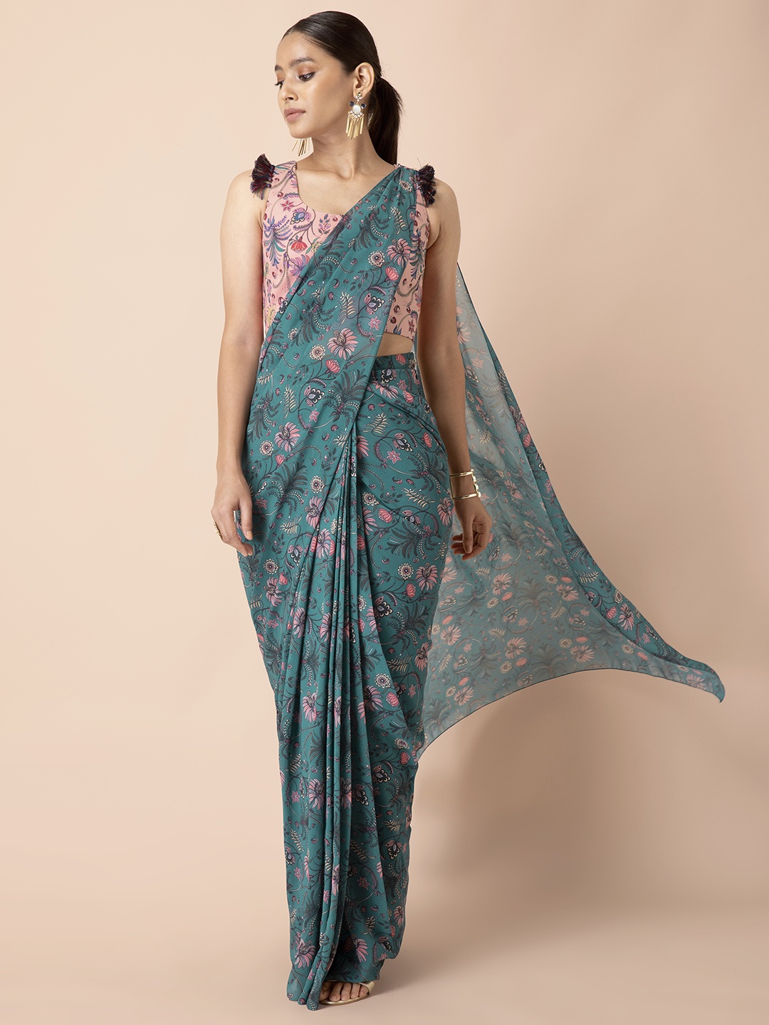 

INDYA Women Green & Pink Floral Printed Saree Skirt