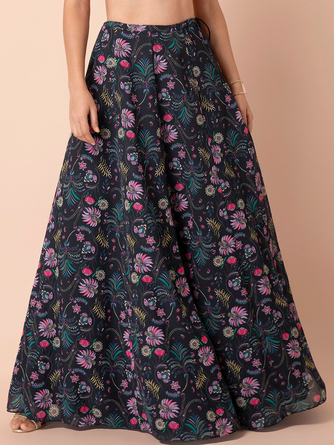 

INDYA Women Black & Purple Floral Printed Flared Maxi Skirt