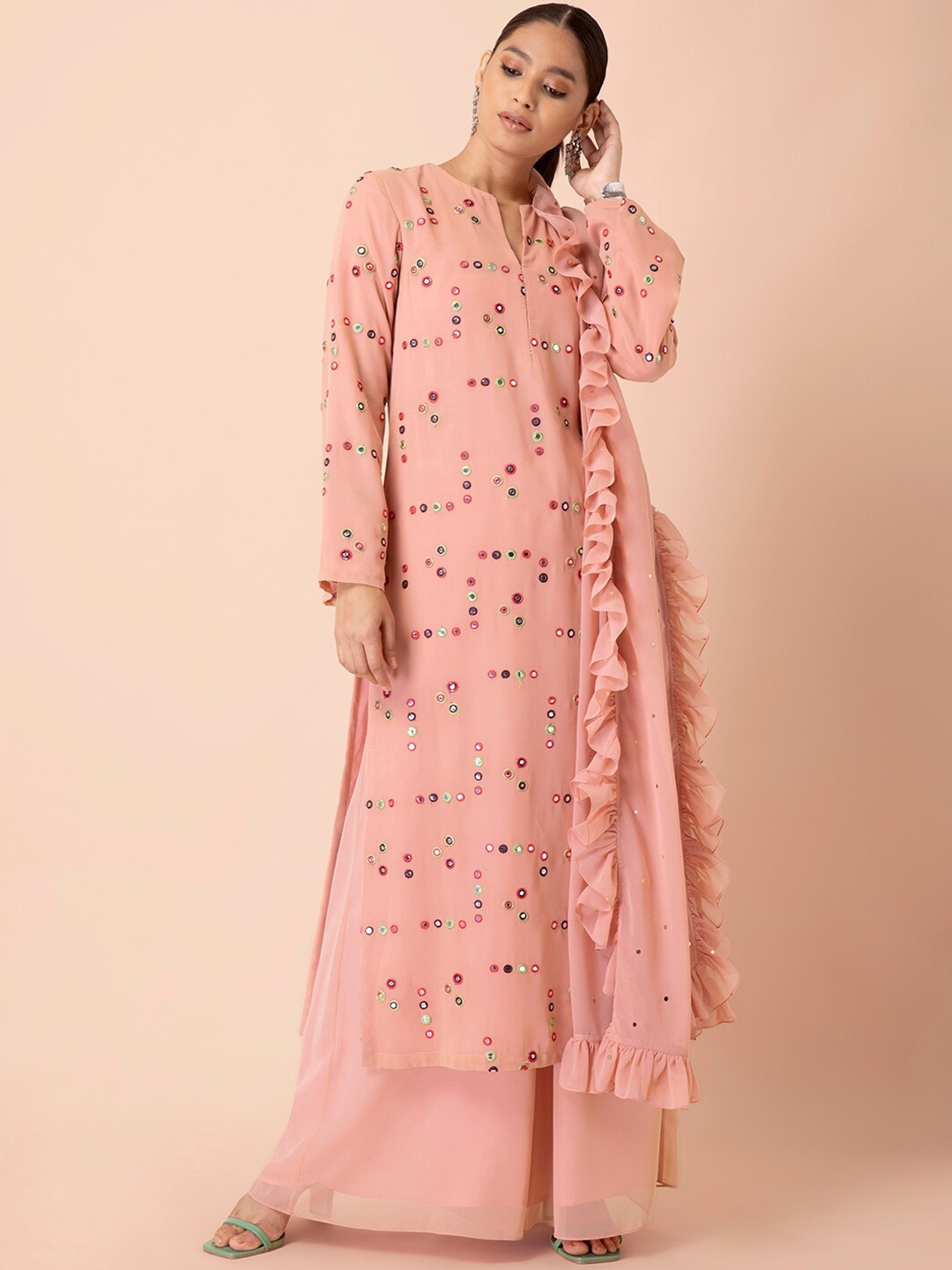 

INDYA X Payal Singhal Rose Pink Mirror Work Long Dress
