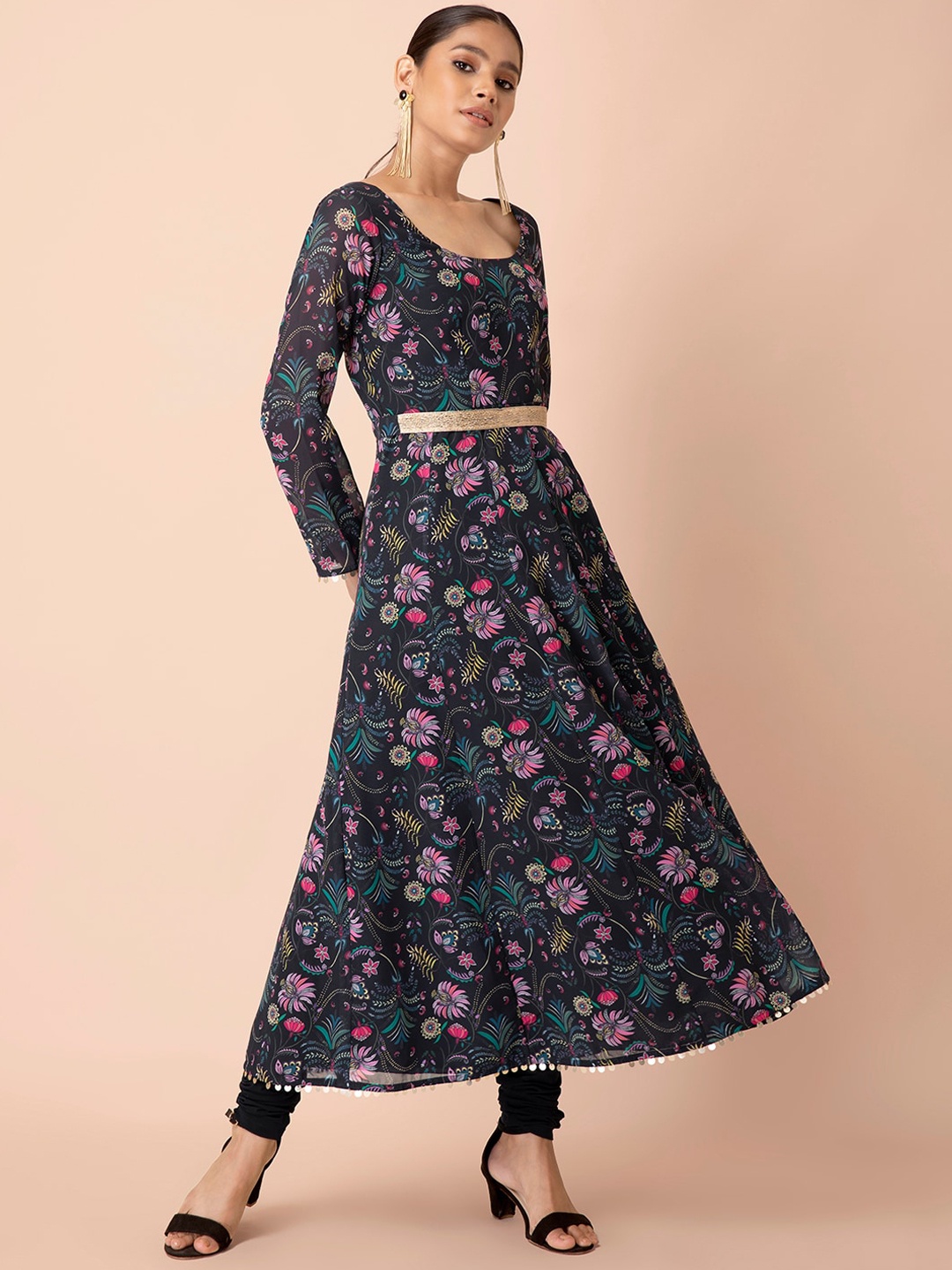 

INDYA Women Black & Pink Floral Printed Anarkali Kurta With Churidar