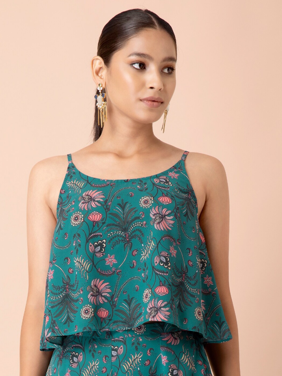 

Indya X Payal Singhal Green Floral Strappy Camisole Top