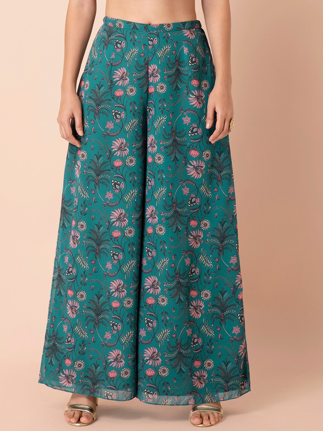

INDYA X Payal Singhal Women Teal Green Floral Printed Palazzo Pants
