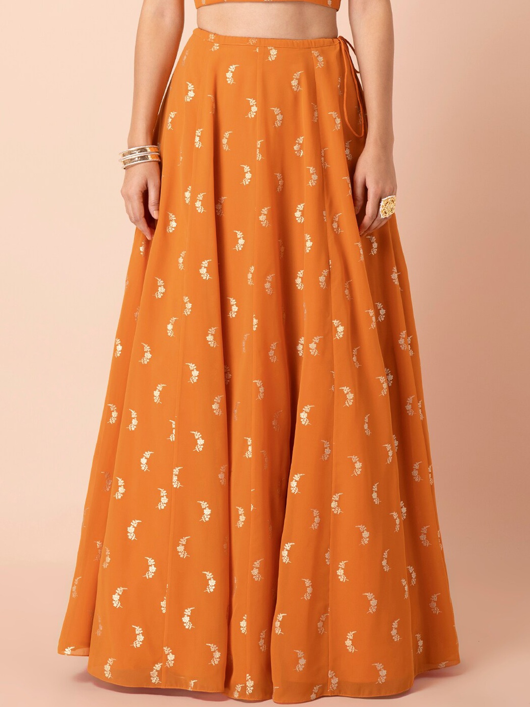 

Indya Women Orange & Gold-Coloured Foil Printed Flared Maxi Skirt