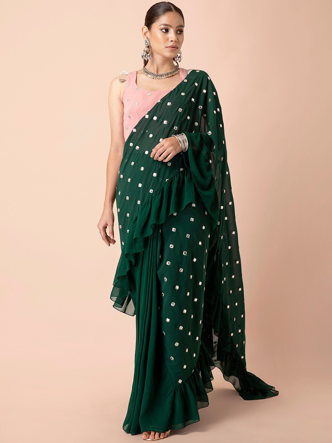

INDYA Women Green Gota Embellished Pre Draped Ready To Wear Saree
