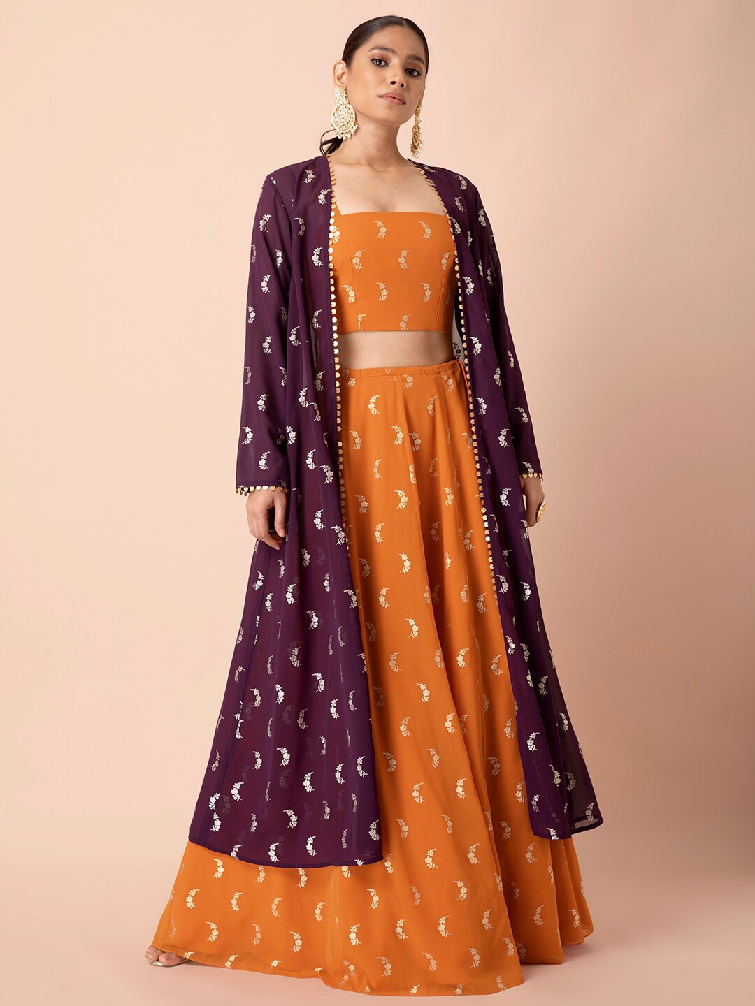 

INDYA Women Purple Foil Printed Long Jacket
