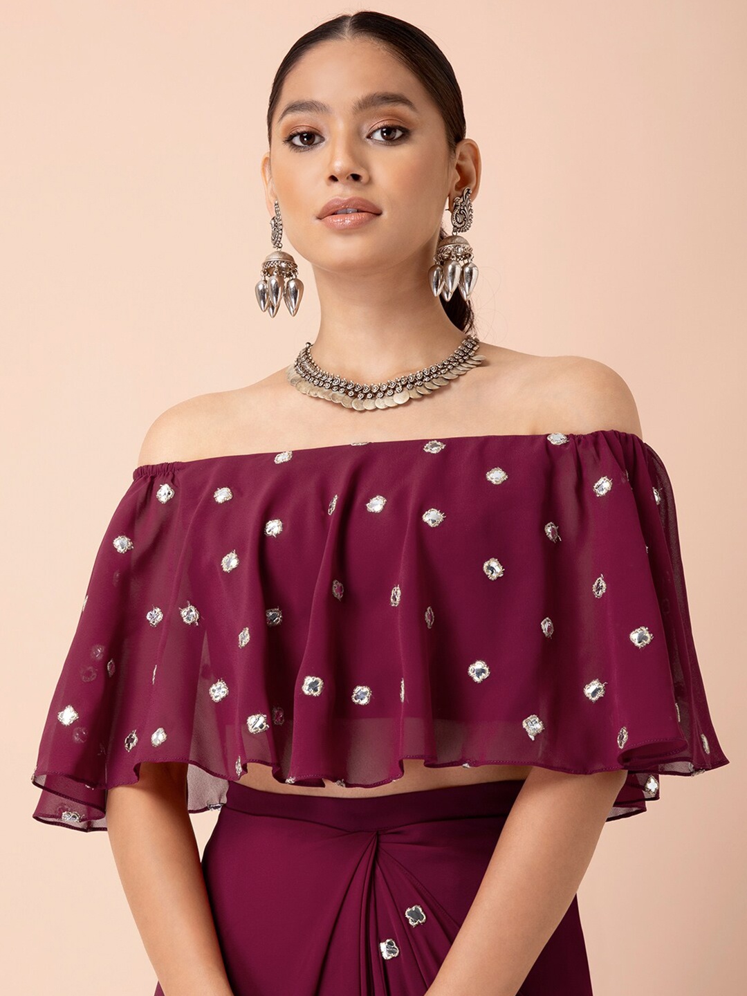 

Indya X Payal Singhal Purple Gota Off Shoulder Crop Top
