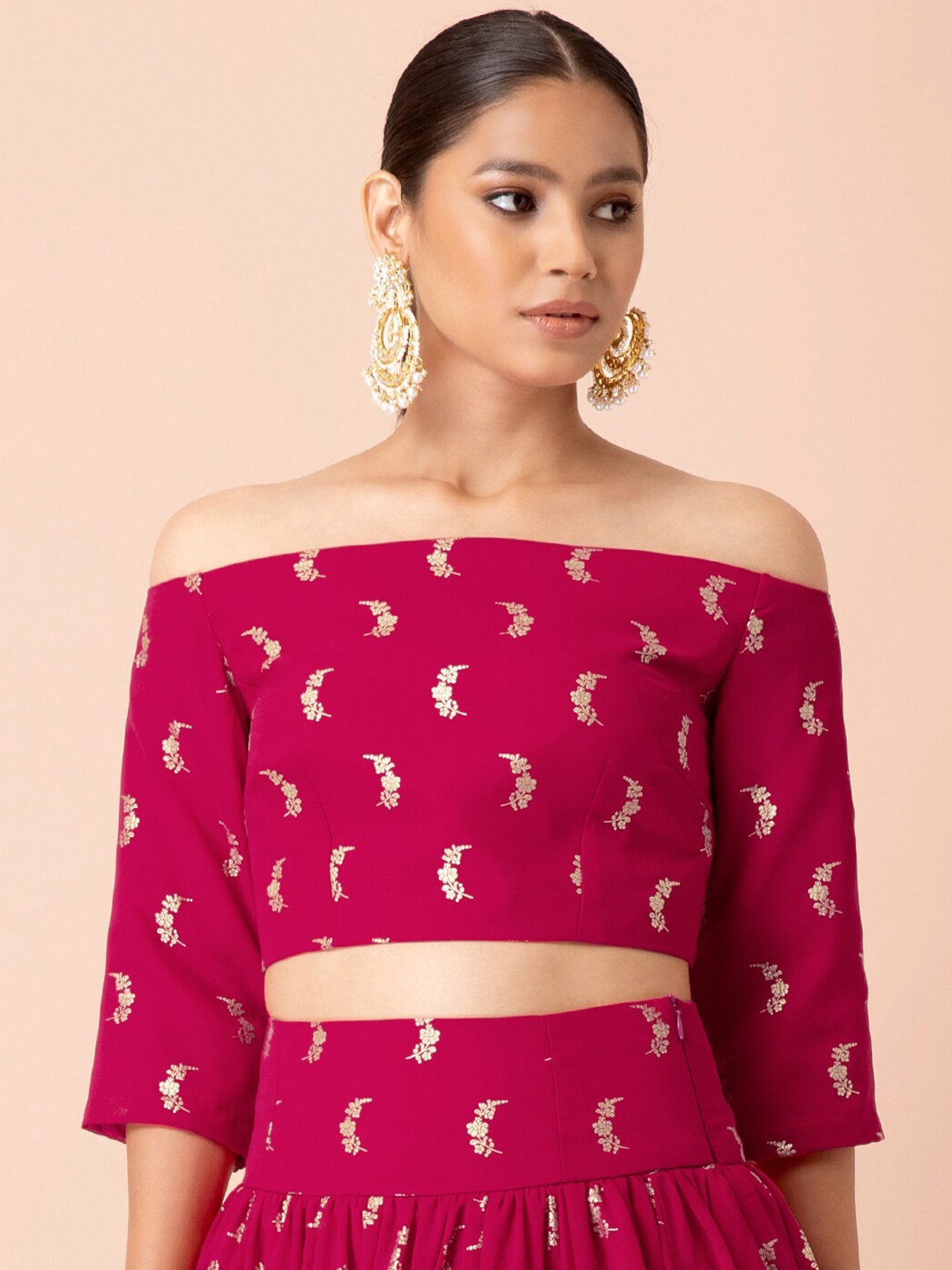 

Indya X Payal Singhal Pink Foil Off Shoulder Crop Top