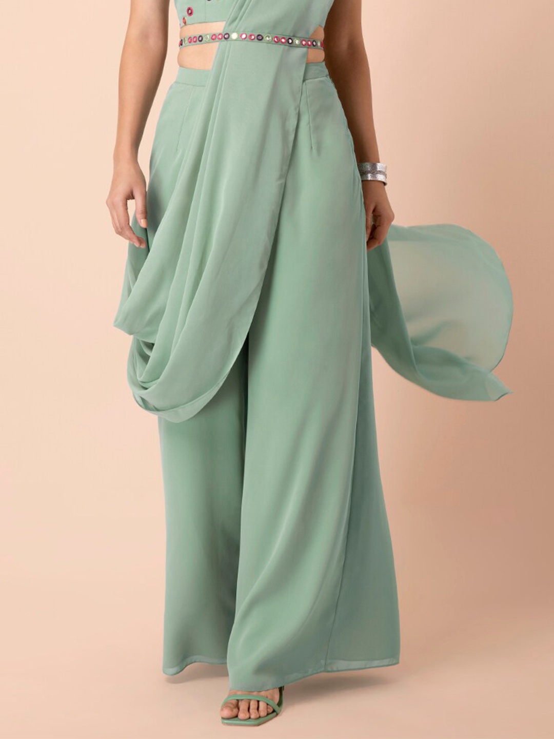 

INDYA X Payal Singhal Women Sage Green Belted Pants with Attached Dupatta