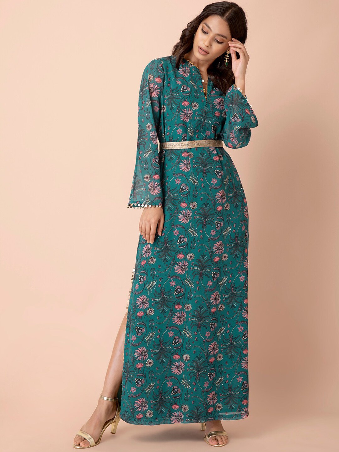 

Indya X Payal Singhal Teal Green Floral Belted Straight Dress
