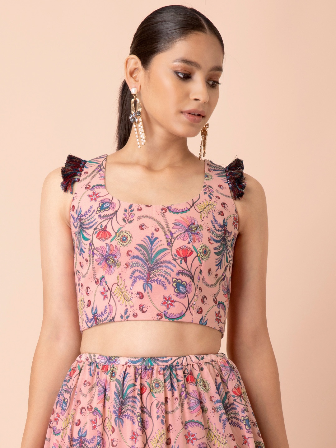 

Indya X Payal Singhal Pink Floral Tasselled Crop Top