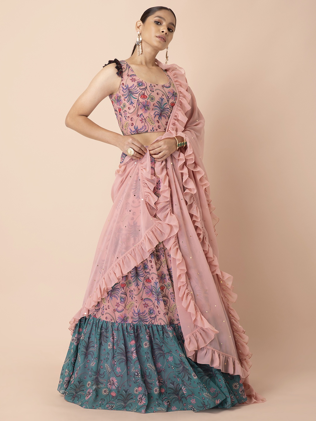 

INDYA Women Pink Ruffled & Embellished Dupatta